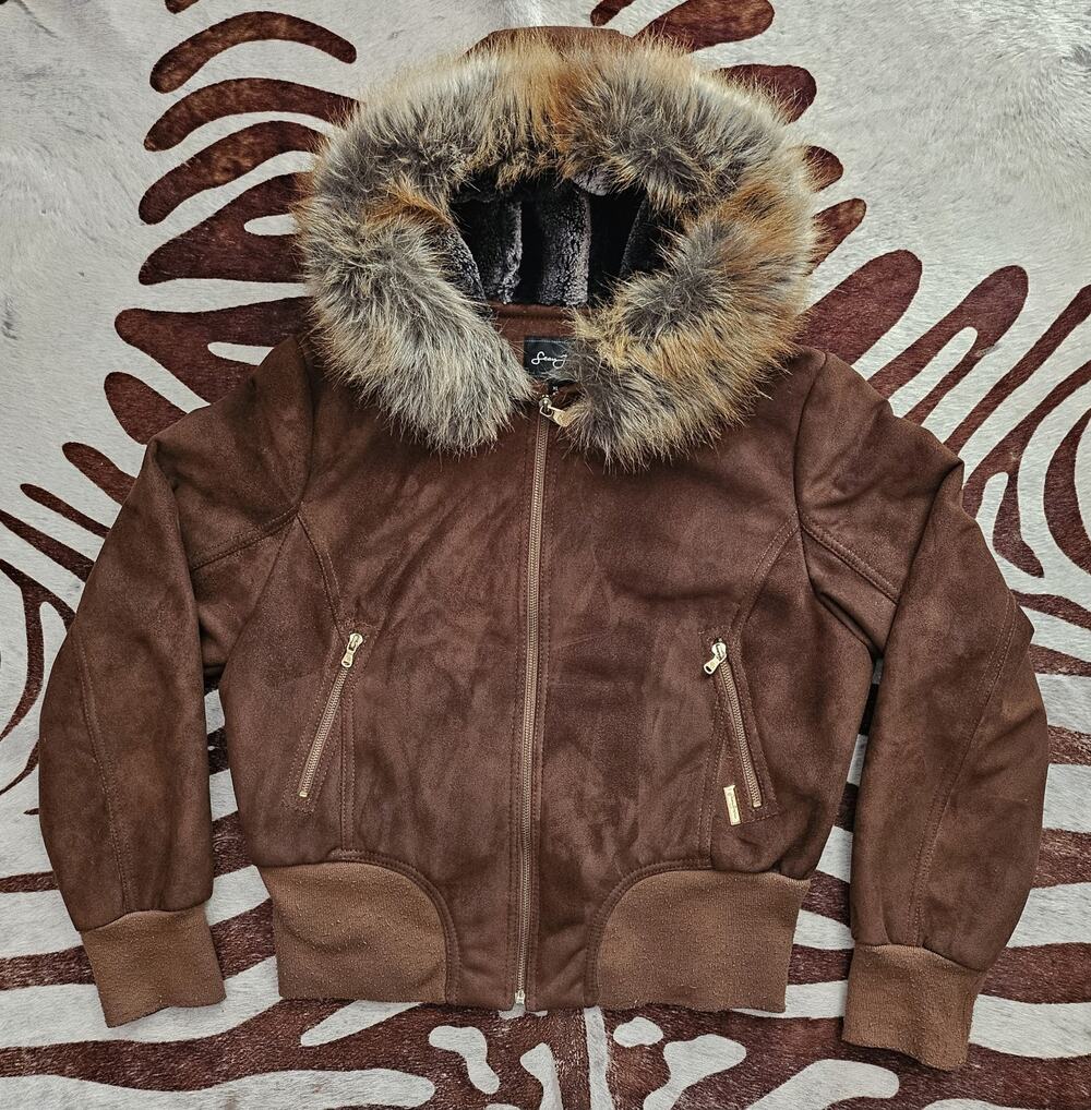 Vintage Y2K Women's Sean John Brown Seude Bomber Fur Hood & Lining Sz XL